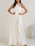 White Cross-Neck Lace Panel Wide-Leg Jumpsuit With Tie Waist