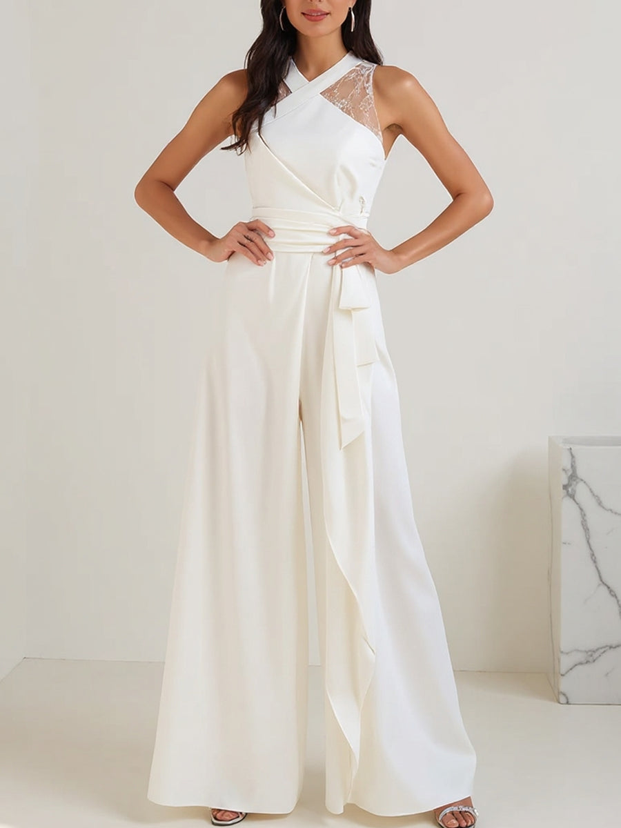 White Cross-Neck Lace Panel Wide-Leg Jumpsuit With Tie Waist