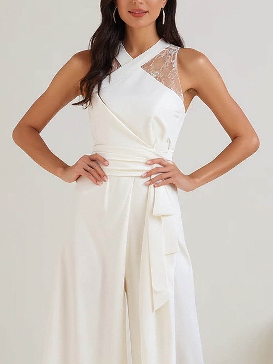 White Cross-Neck Lace Panel Wide-Leg Jumpsuit With Tie Waist