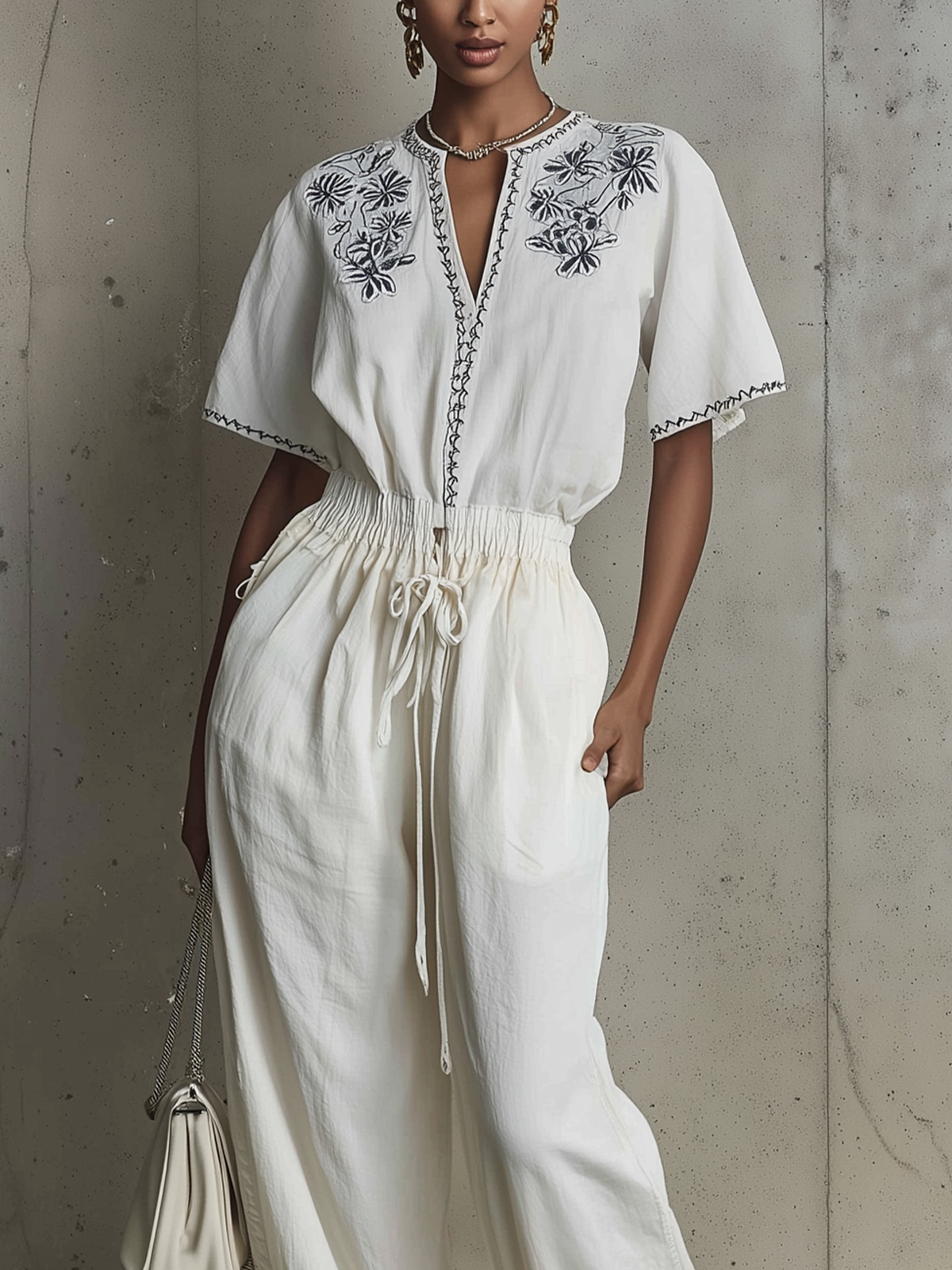 Embroidered Cotton Jumpsuit With Drawstring Waist And Ruffled Hem