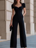 Glamorous Black Sweetheart Neck Puff Sleeve Wide-Leg Jumpsuit