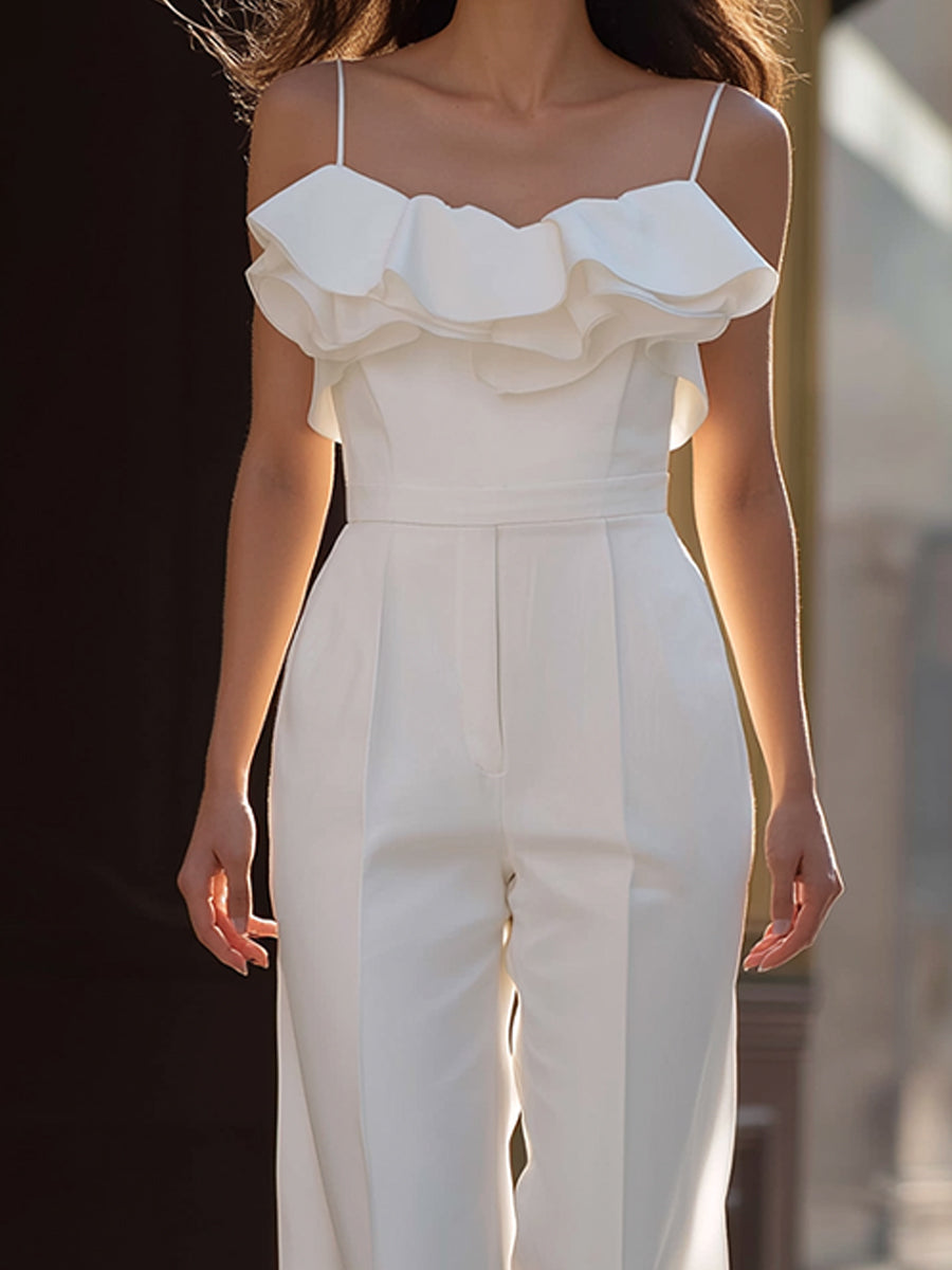 Ruffled Off-Shoulder Tailored Wide-Leg Jumpsuit