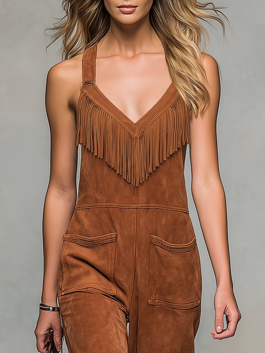 Vintage-style V-neck Sleeveless Fringed Faux Suede Jumpsuit