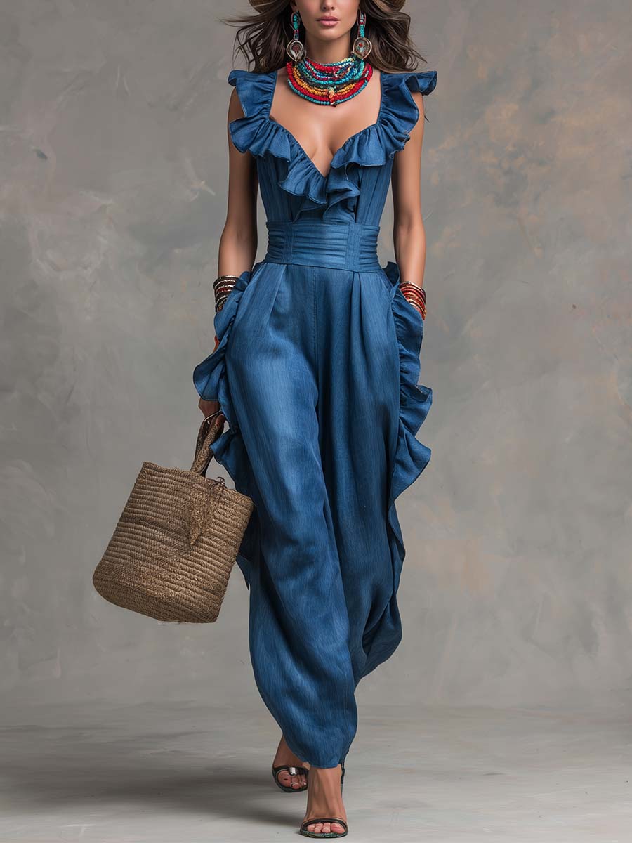 Boho-Vintage Elegant Tencel Faux-Denim Ruffle Wide-Leg Jumpsuit
