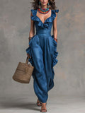 Boho-Vintage Elegant Tencel Faux-Denim Ruffle Wide-Leg Jumpsuit