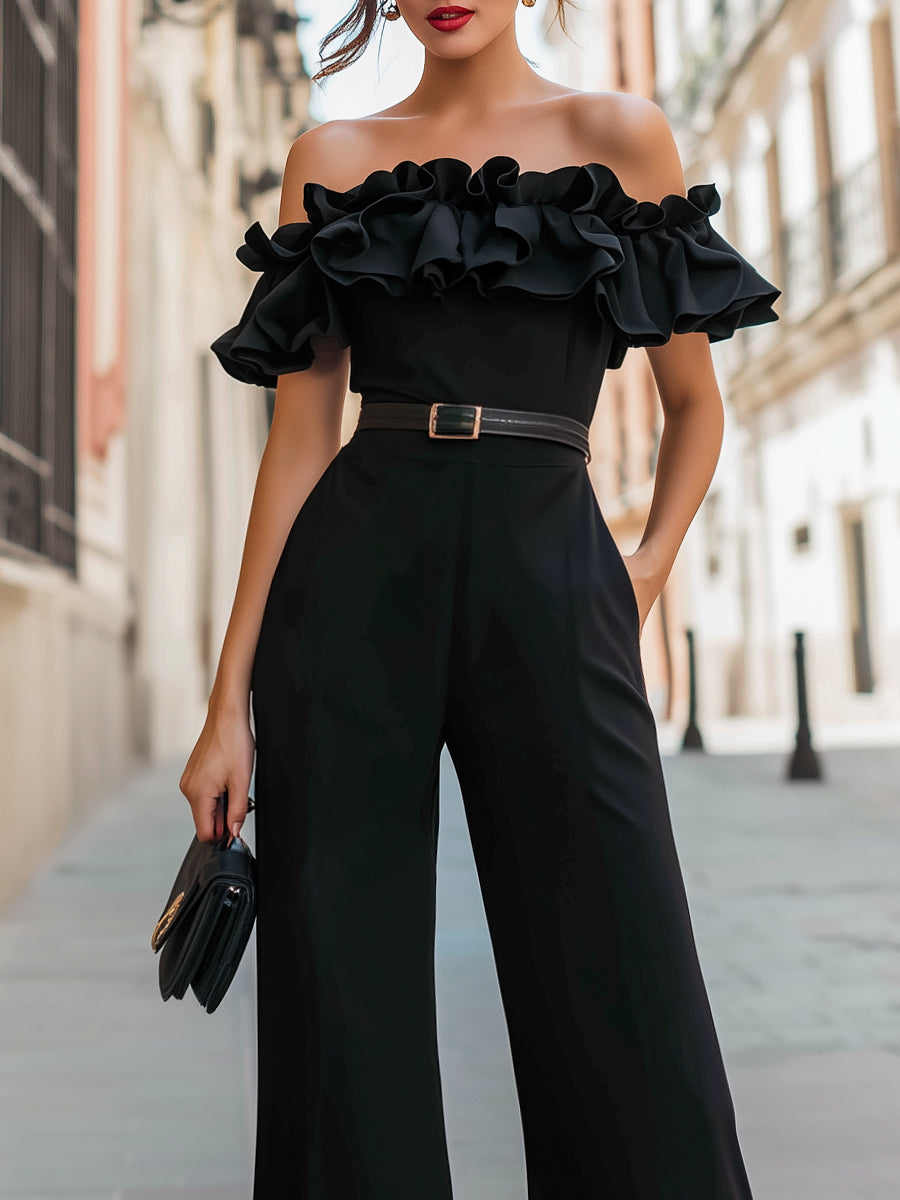 Off-Shoulder Ruffle Neckline Wide-Leg Jumpsuit