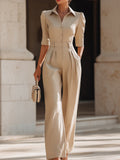Beige Tailored Wide-Leg Jumpsuit