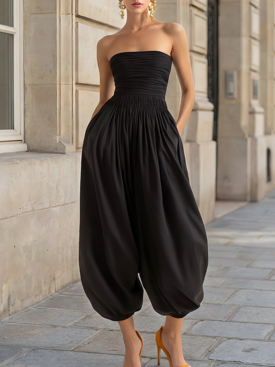 Strapless Smocked Bodice Balloon-Leg Jumpsuit