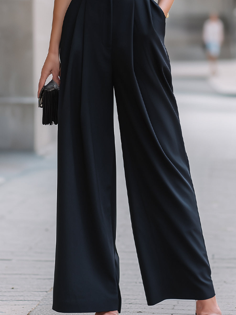 Black One-Shoulder Ruched Wide-Leg Jumpsuit