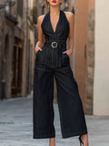 Deep V-Neck Belted Denim Wide-Leg Jumpsuit