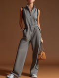 Casual Sporty Retro Dark Gray Cotton Blend Zipper Sleeveless Jumpsuit