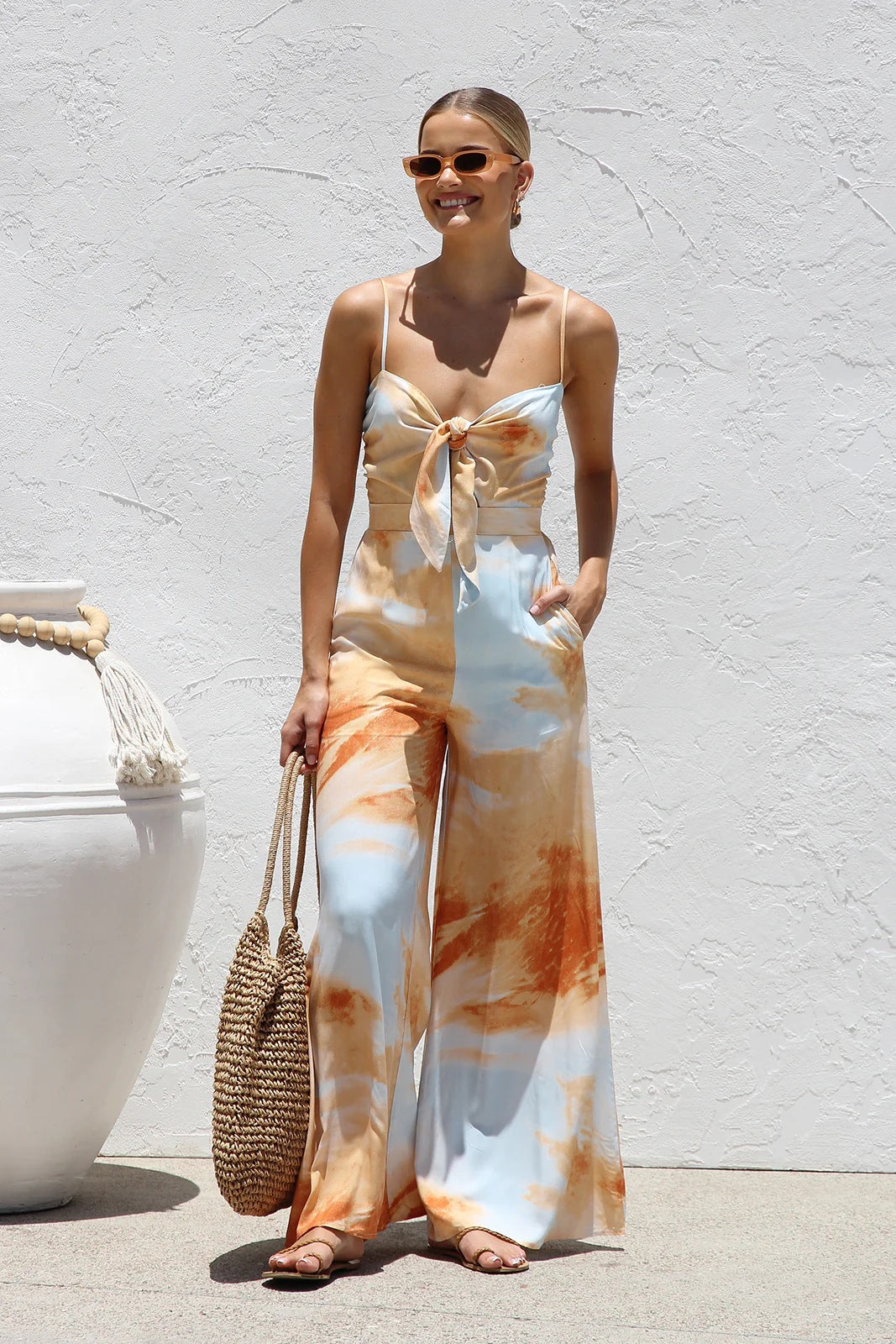 Bandage Bowknot Design Printed Jumpsuit