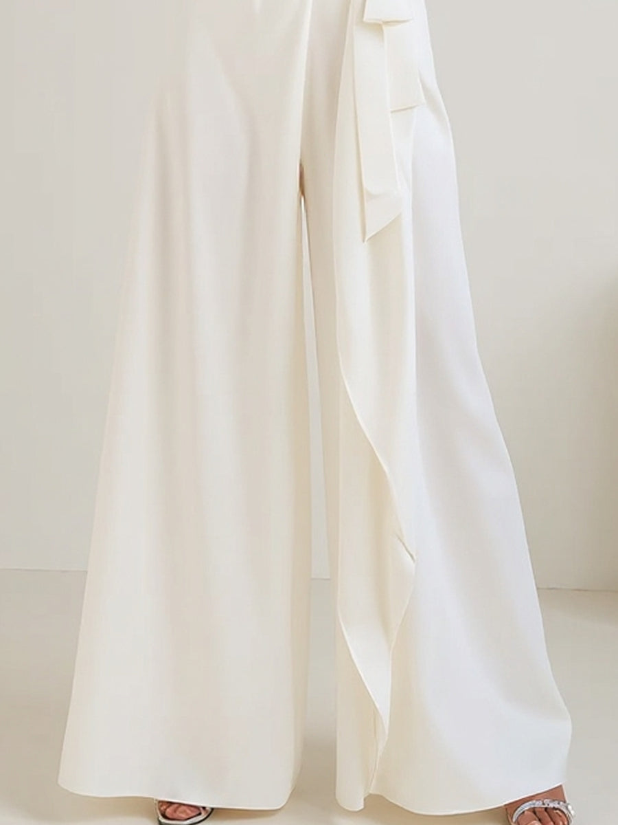 White Cross-Neck Lace Panel Wide-Leg Jumpsuit With Tie Waist