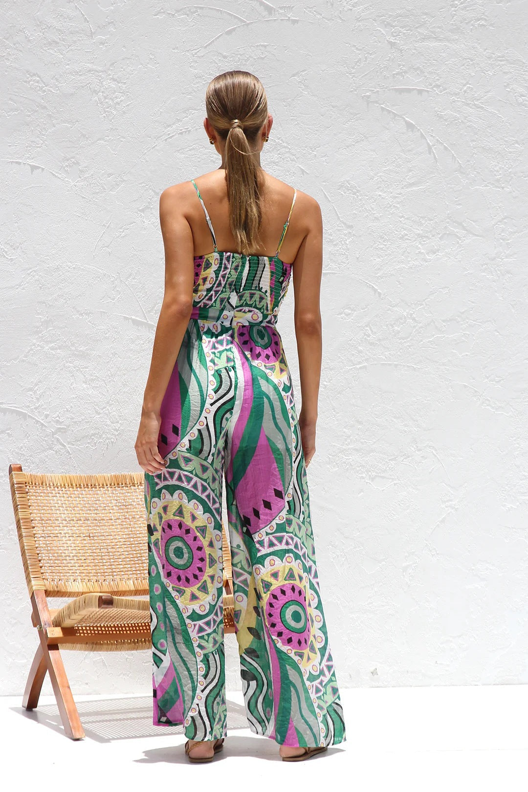 Bandage Bowknot Design Printed Jumpsuit