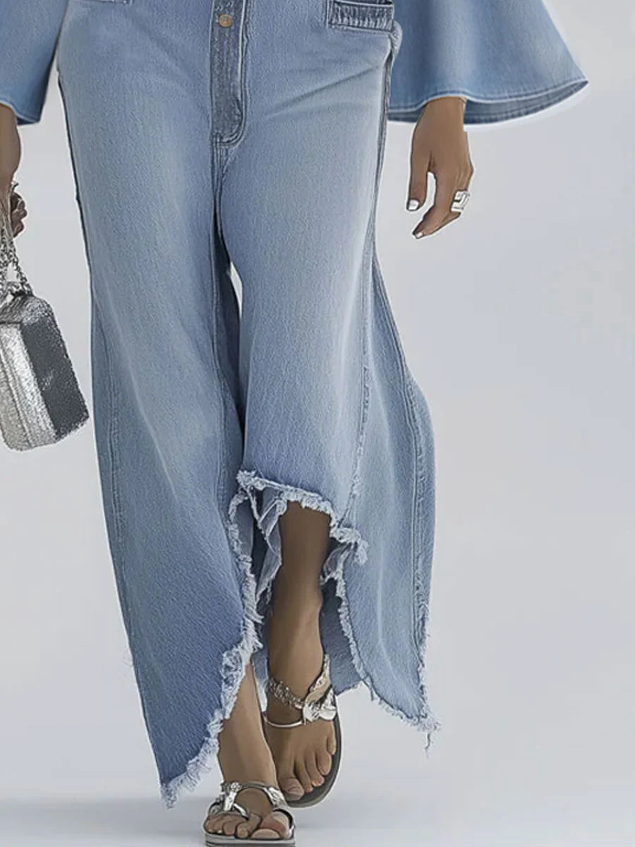 Daily Blue Shirt Collar Flare Long Sleeve Trimmings Casual Pocket Denim Jumpsuits