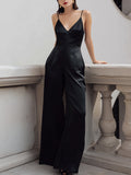 Black Satin Spaghetti-Strap Wide-Leg Jumpsuit