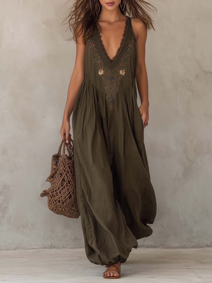 Retro Cotton And Linen Embroidered Jumpsuit
