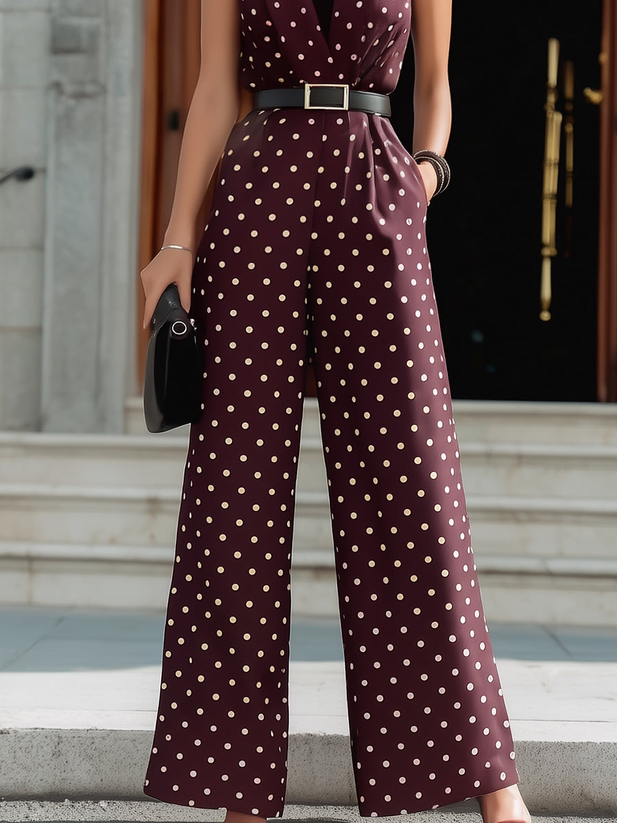 Sleeveless Polka Dot Belted Wide-Leg Jumpsuit