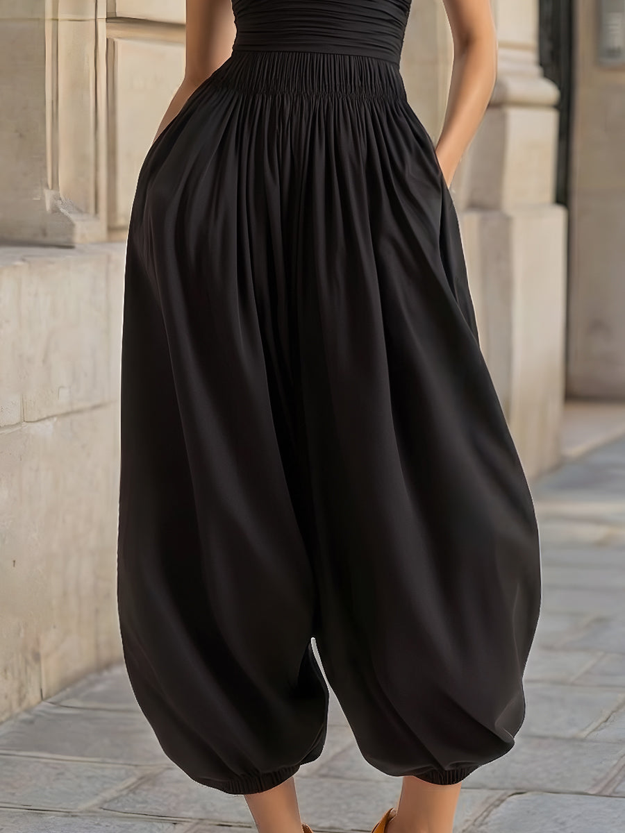 Strapless Smocked Bodice Balloon-Leg Jumpsuit