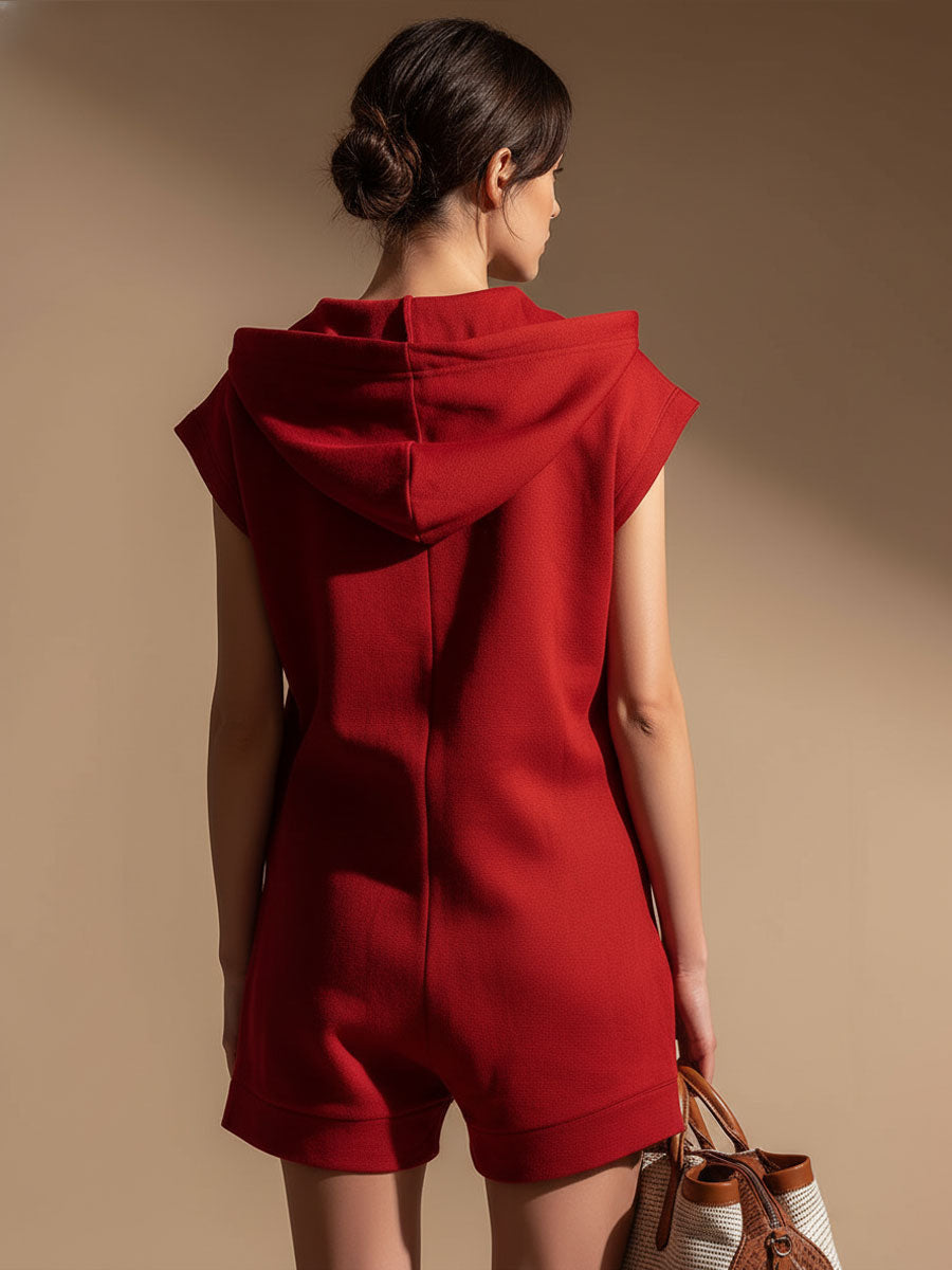 Hooded Zippered Color-blocked Double-pocket Sleeveless Short Jumpsuit