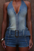 Trendy Distressed Gradient Belt Jumpsuit