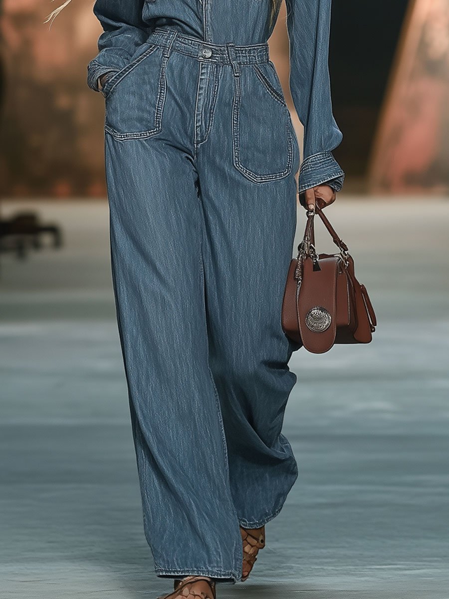 【24-hour shipping out】Casual Fashion Simple Retro Multi-Pocket Denim Long Sleeve Jumpsuit